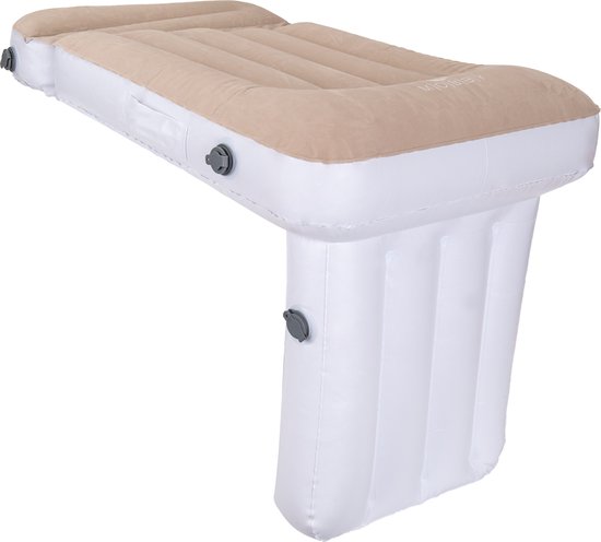 Beige en wit opblaasbaar kinderbedje, met ritssluitingen en ventielen.