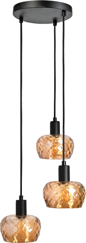 Moderne mat zwarte hanglamp met amberkleurig glas, 3-lichts - Scott
