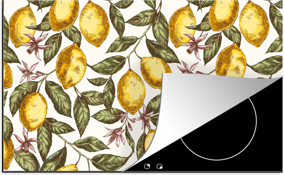 KitchenYeah® Inductie beschermer 85x52 cm - Patroon - Bloemen - Citroenen - Citrus - Kookplaataccessoires - Afdekplaat voor kookplaat - Inductiebeschermer - Inductiemat - Inductieplaat mat