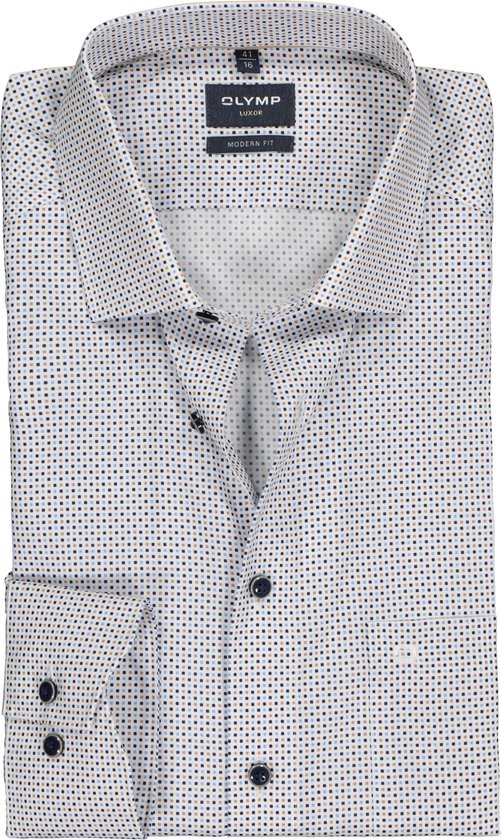 OLYMP modern fit overhemd - popeline - wit met blauw en beige blokjes dessin - Strijkvrij - Boordmaat: 42