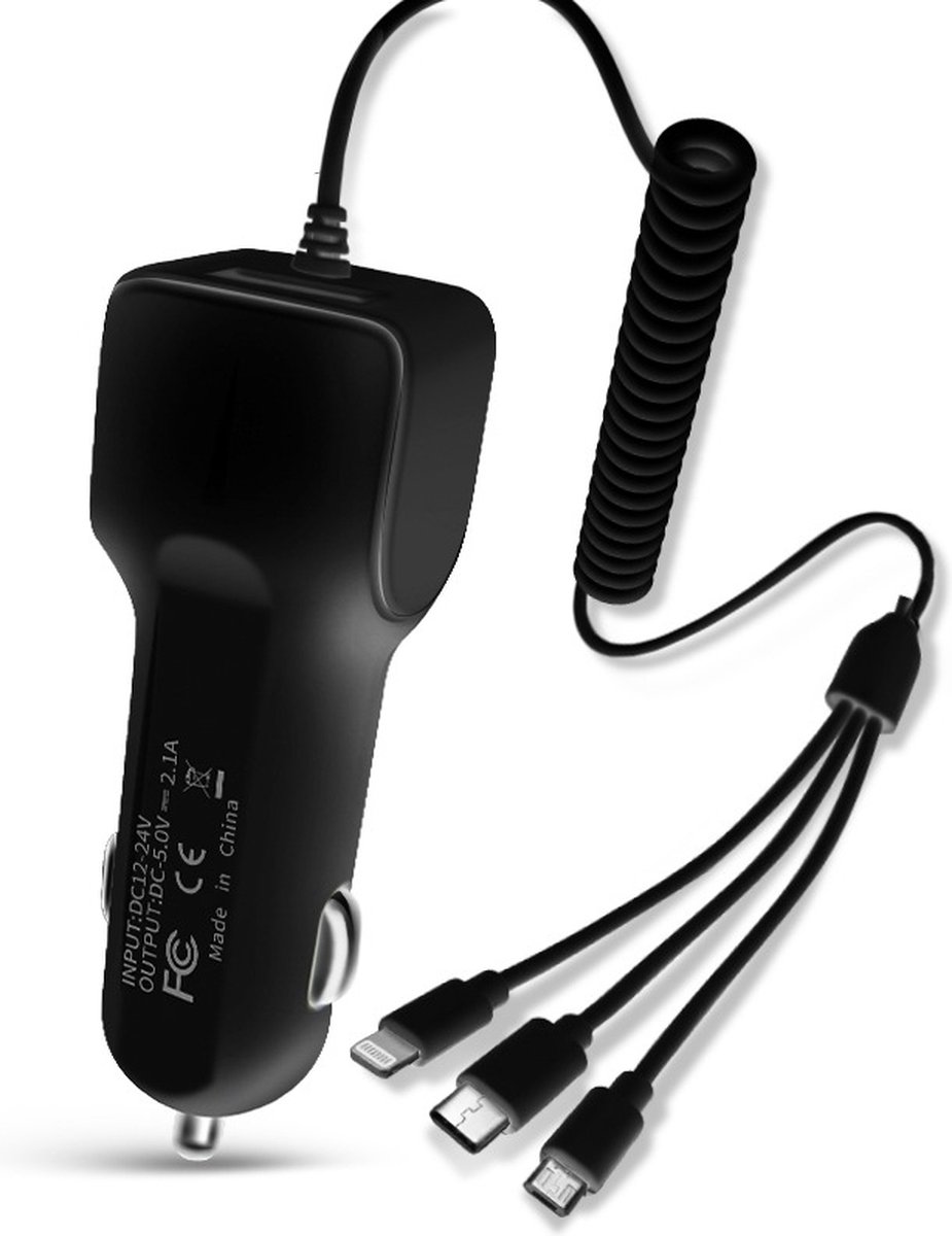 12v Adapter USB Autolader Splitter Auto Micro USB USB-C Lightning Oplader Kabel Zwart
