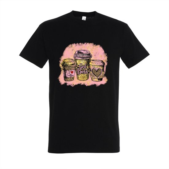 T-shirt I love coffee girl boss - Zwart T-shirt - Maat M - T-shirt met print - T-shirt dames