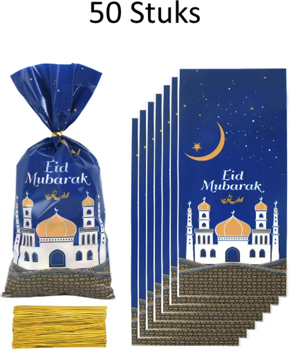 METIWA - 50x Zakjes Ramadan Met Sluitstrips - Uitdeelzakjes - Trakteerzakjes - Uitdeelzakjes Ramadan - Ramadan Decoratie - Snoepzakjes - Uitdeelzakjes Suikerfeest - Ramadan Mubarak - Eid Mubarak