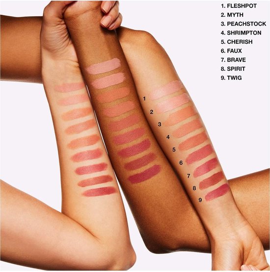 Armen met verschillende huidtinten, met lipstickswaches van MAC, nummer 9 is Twig.