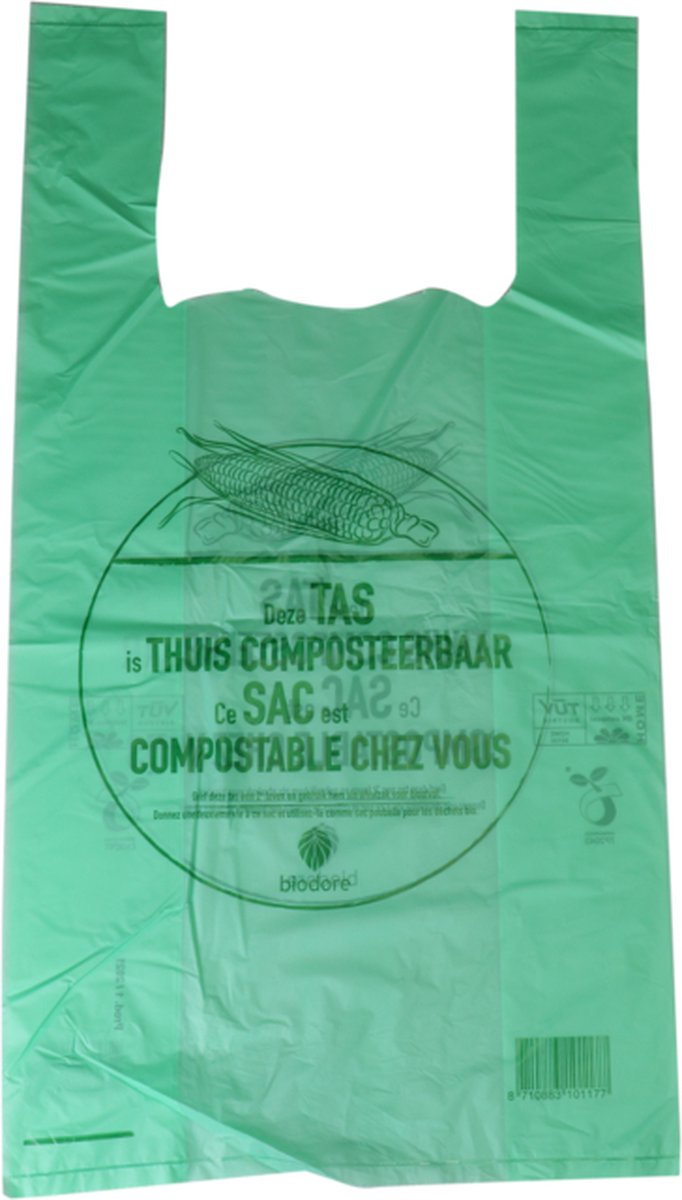 Biodore Tas | Composteerbaar | Bioplastic o.b.v. Zetmeelblend | 27x 7x50cm | hemddraagtas | transparant/Groen | 500 stuks