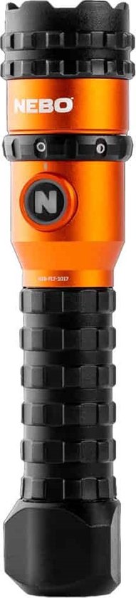 Oranje Nebo zaklamp met zwart geribbeld handvat en zwarte accenten.