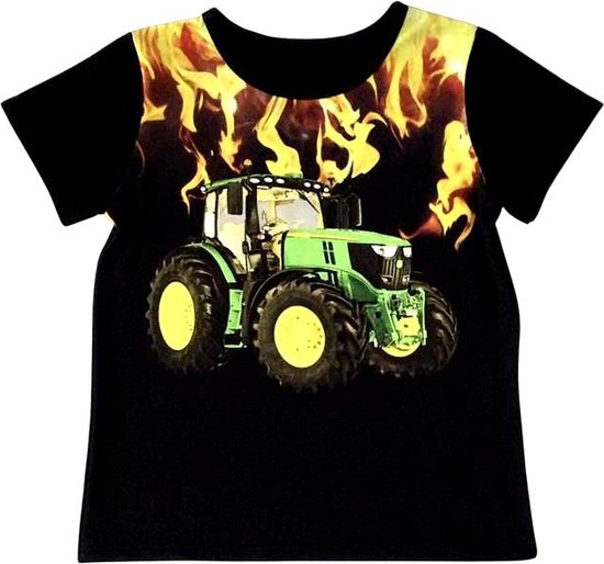 T-shirt met John Deere , trekker, tractor, zwart, full colour print, kids, kinder, maat 110/116, stoer, vuur, fire, mooie kwaliteit!