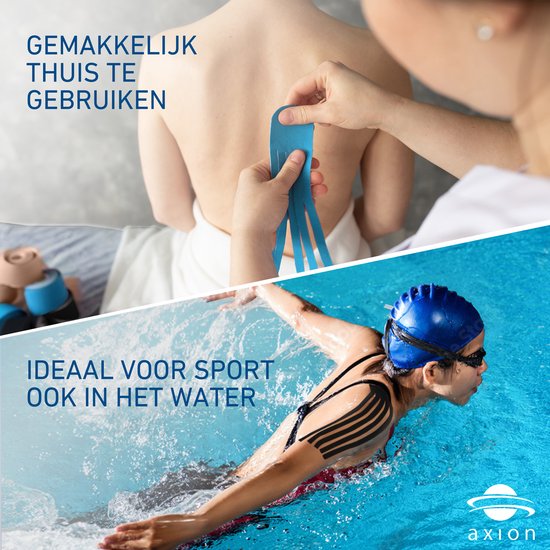 Collage: iemand brengt blauwe tape aan op rug, zwemmer met zwarte tape.