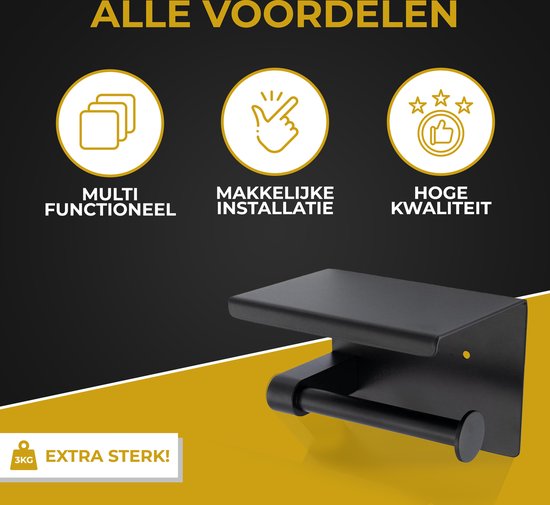 Zwarte toiletrolhouder met opbergplankje, makkelijk te installeren.