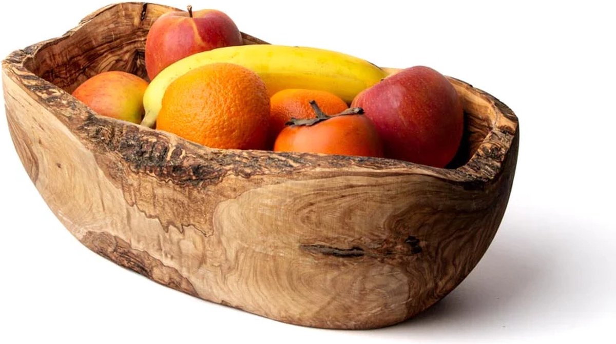 Olijfhout DESIGN Fruitschaal landelijk - Fruitmand rustiek met boomschors hout schaal