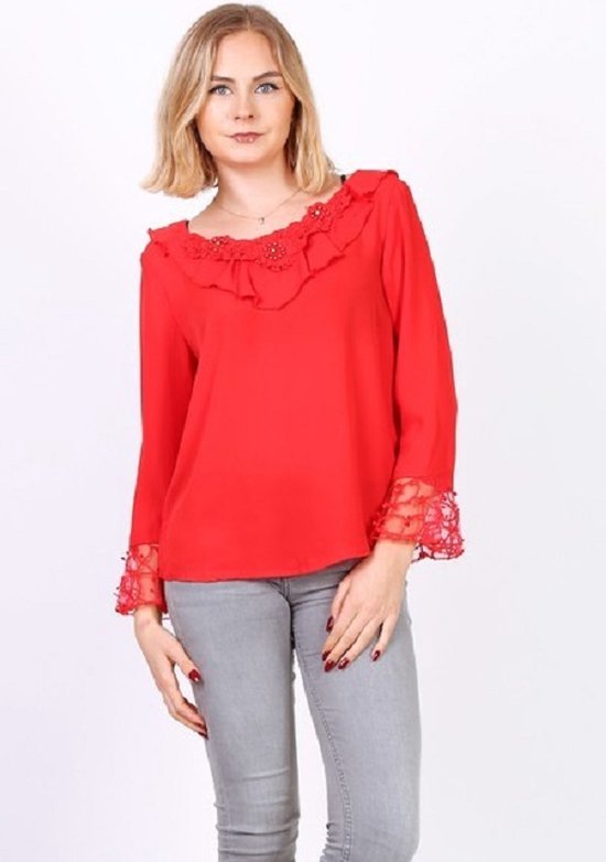 Prachtige blouse met steentjes - rood - L/XL