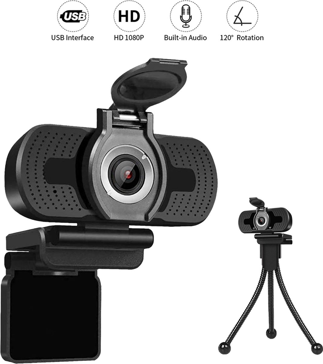 Webcam Full HD 1080P - GRATIS Privacy Cover & Tripod - Werk & Thuis - Plug & Play - Windows Mac & Android