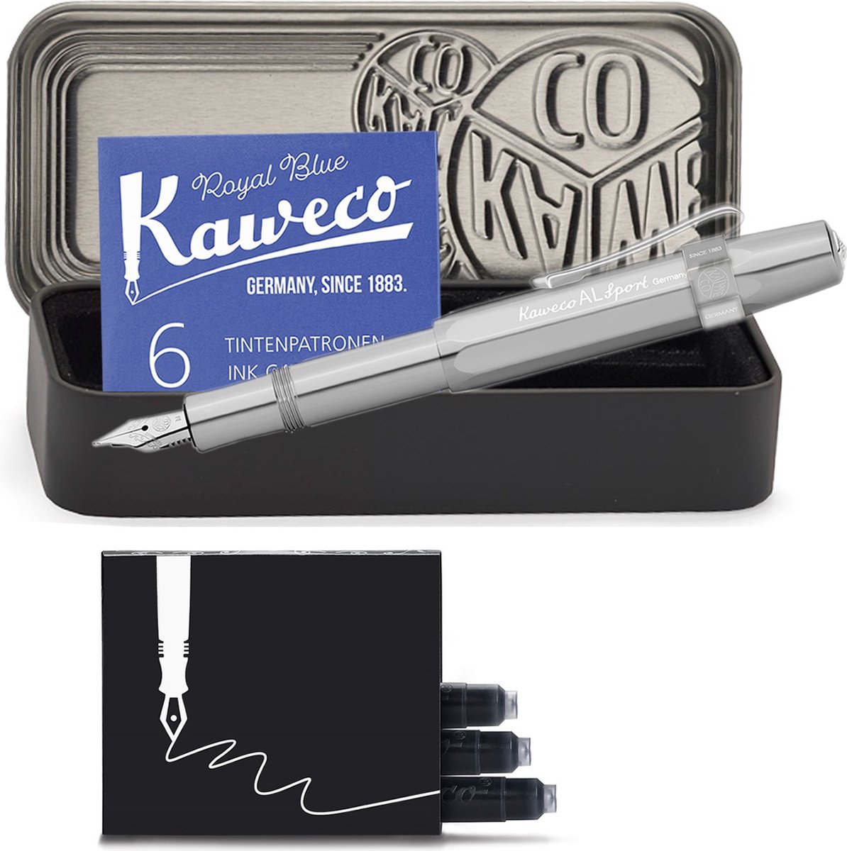 Kaweco - Cadeauset - 4delig - Kaweco AL SPORT Fountain Pen CHROME MAT vulpen vulpen - Fine - Nostalgic Octagonal Clip Chrome - Zwart Vintage blikje - Doosje Royal Blue - Doosje zwarte Vullingen