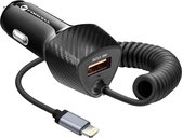 38W QC 3.0 USB-autolader + geïntegreerde Lightning-kabel Forcell Carbon zwart