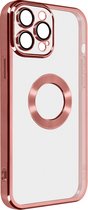 Backcover Geschikt voor Apple iPhone 14 Pro Max Silicone Camera bedekt transparent roze chrome rand