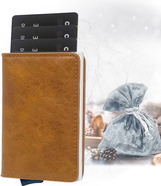 Pasjeshouder Mannen Uitschuifbaar Cognac - Miniwallet - Portemonnee met RFID Protectie | # Feestdagen tip: Kerst - Sinterklaas |