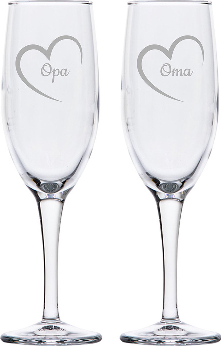 Gegraveerde Champagneglas 16,5cl Opa met hartje & Oma met hartje