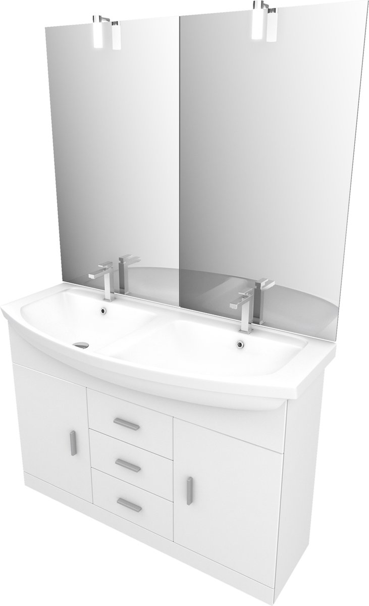 Wit badkamermeubel met dubbele wastafel 120cm op voet + witte keramische wastafel + led spiegel