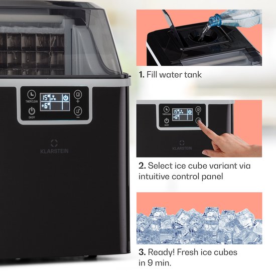 Klarstein IJsblokjesmachine Chios ca. 20 Kg/24H - IJsblokjes in maten S & L - LCD-Display - Watertank: 3,2 Liter - Uitneembaar ijsreservoir - Timerfunctie - Auto-clean functie - Zwart - IJsmachine - voor Bar voor Thuis - Snel van Klarstein — afbeelding 4