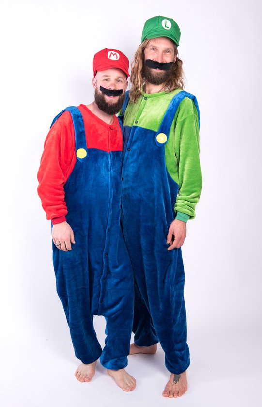 KIMU Onesie Rood Blauwe Overall met Pet - Maat 86-92 - Pak Kostuum Kinderen Jumpsuit Huispak Fleece Pyjama Jongen Mario Loodgieter Fleece Festival