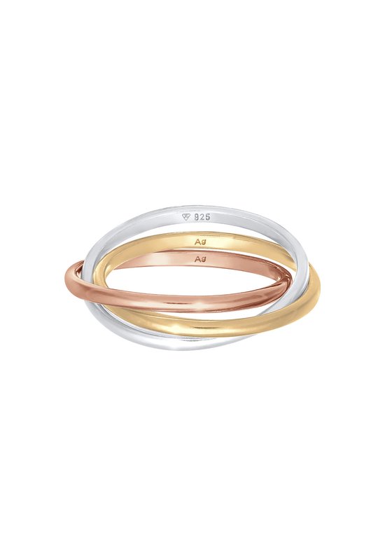 Dri COLORS ring van goud, zilver en roségoud, met '925 Ag' inscriptie.