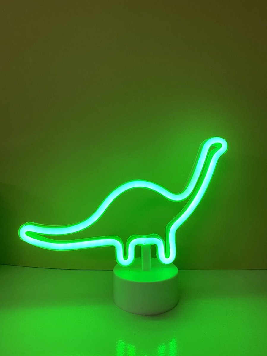 LED dinosaurus met neonlicht - groen neon licht - Op batterijen en USB - hoogte 27 x 21 x 8.5 cm - Tafellamp - Nachtlamp - Decoratieve verlichting - Woonaccessoires