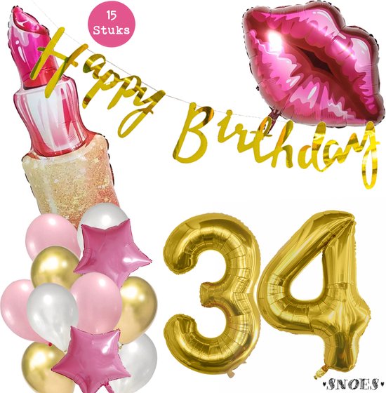Snoes Beauty Helium Ballonnen Set 34 Jaar - Roze Folieballonnen - Slinger Happy Birthday Goud