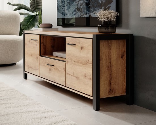 Meubella - Meuble TV Acapulco - Chêne - Zwart - 180 cm