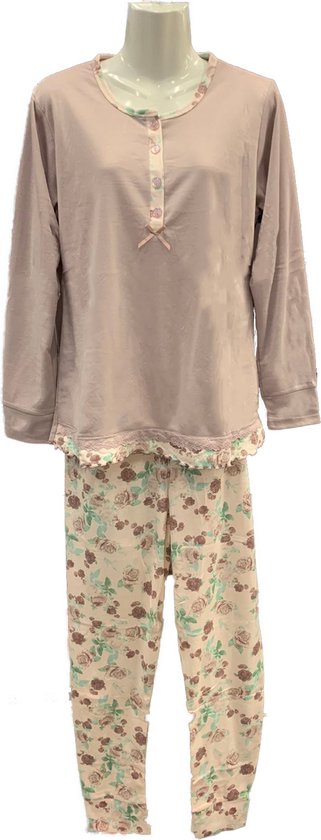 Dames Pyjamaset met Gebloemde Broek - Kleur Donkerbeige - Maat M