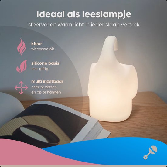 Olifantenlampje - Draadloos Nachtlampje Kinderen - Tafellamp Slaapkamer - Baby - Slaapkamer - Nachtlampjes - Olifanten Lampje - Olifantenlampje - Nachtkast Lamp - Nachtlampje Olifant van Rammelaar& — afbeelding 2