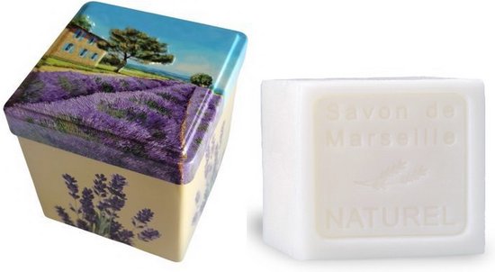 Metalen zeepblik vierkant met opdruk Vue Provence met zeepblok Naturel – Vintage voorraadblik – Franse handzeep – Marseille zeep Marseillezeep