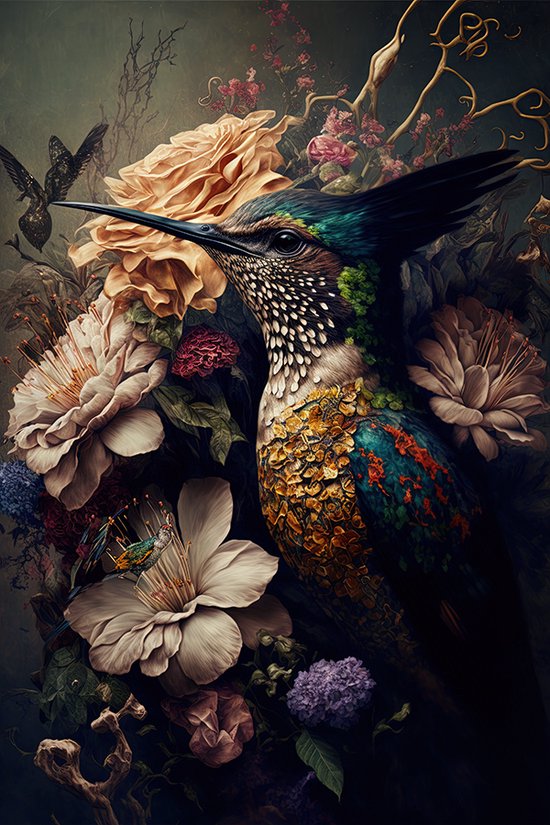 Kolibri kleurrijke vogel - alu-dibond schilderij - 60 x 90 cm
