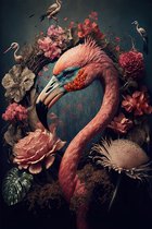 Flamingo met bloemen poster - 70 x 100 cm