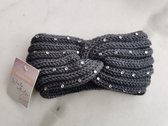 Wollen haarband voor dames donkergrijs met zilverkleurige strass steentjes geknoopt. One size