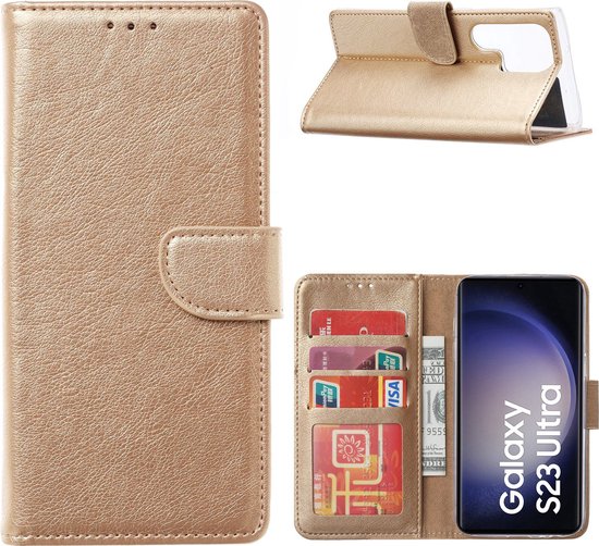 Hoesje Geschikt Voor Samsung Galaxy S23 Ultra Hoesje met Pasjeshouder – Bookcase – Goud