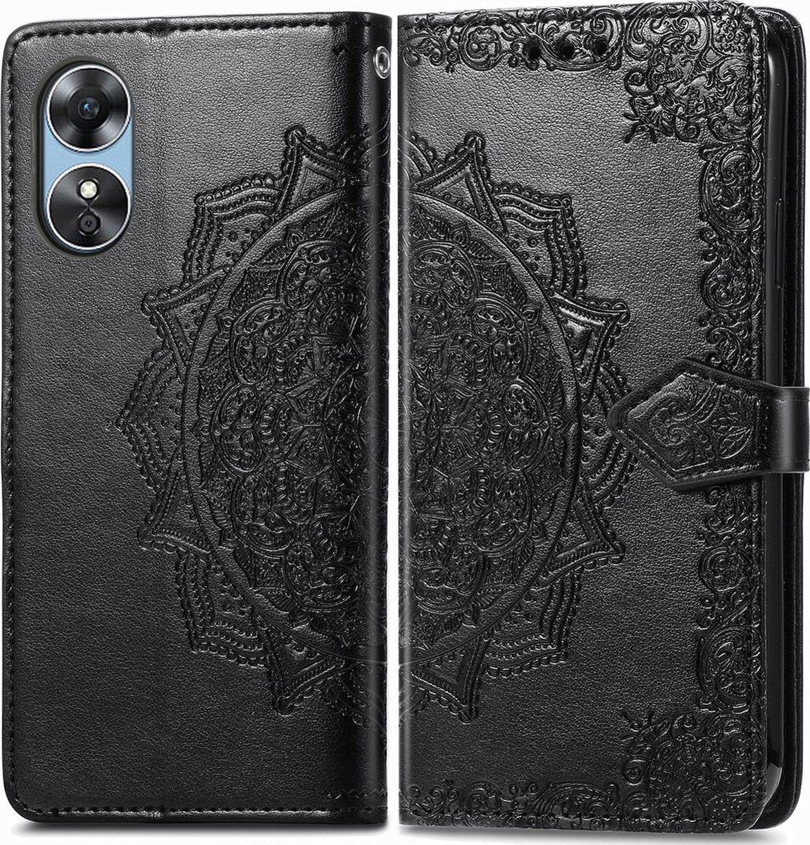 Mobigear Telefoonhoesje geschikt voor OPPO A17 Hoesje | Mobigear Mandala Bookcase Portemonnee | Pasjeshouder voor 3 Pasjes | Telefoonhoesje voor Pinpas / OV Kaart / Rijbewijs - Zwart