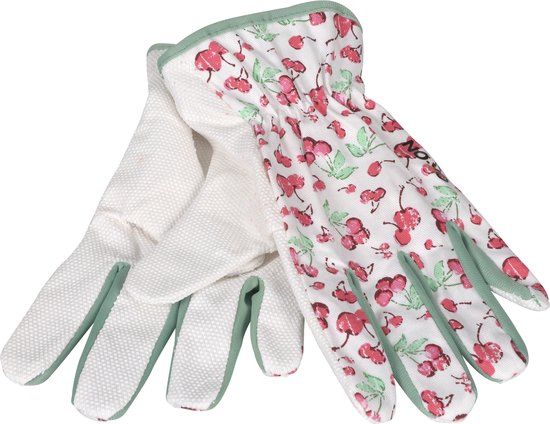 Witte tuinhandschoenen met een patroon van rode kersen en groene blaadjes, en groene randen.
