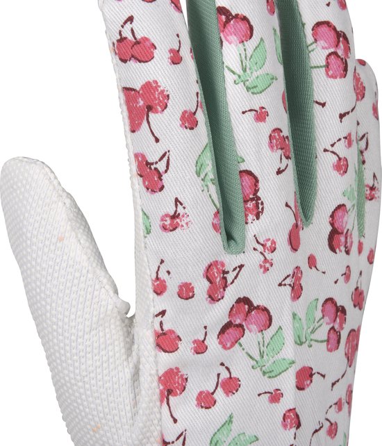 Close-up van een witte tuinhandschoen met een gedetailleerd kersenpatroon en groene biezen.