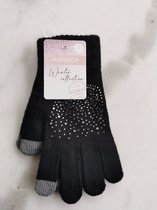 Zwarte dames handschoenen met strass steentjes en grijze vingertippen met touchscreen functie one size
