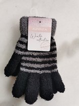 Fluffy dameshandschoenen zwart met grijze strepen one size extra warm
