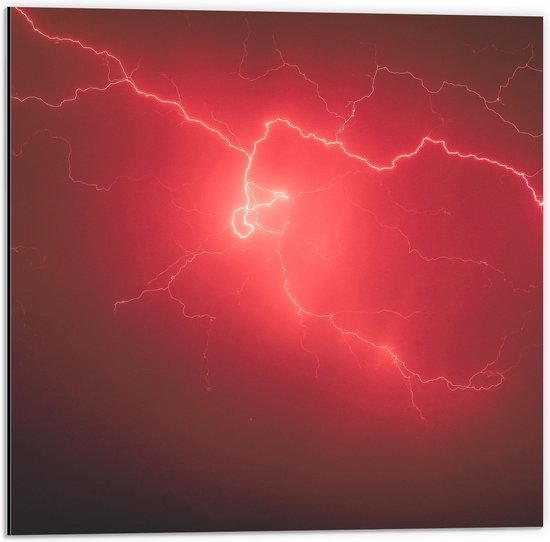 Dibond - Rode Bliksem in de Lucht - 50x50 cm Foto op Aluminium (Wanddecoratie van metaal)