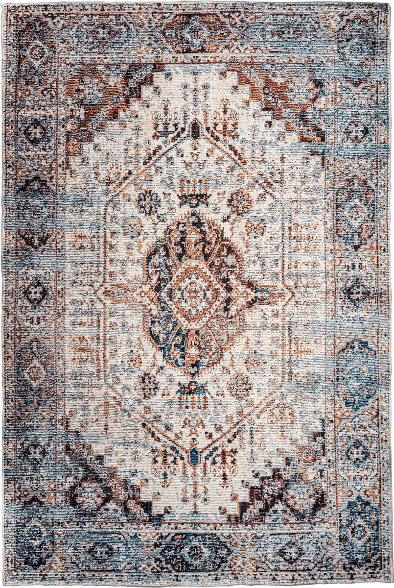 Vintage Vloerkleed - Laagpolig - " Madacara " - Perzisch Tapijt met Oosterse motieven in de kleur Crème-Blauw met Terracotta accenten 200x290 cm