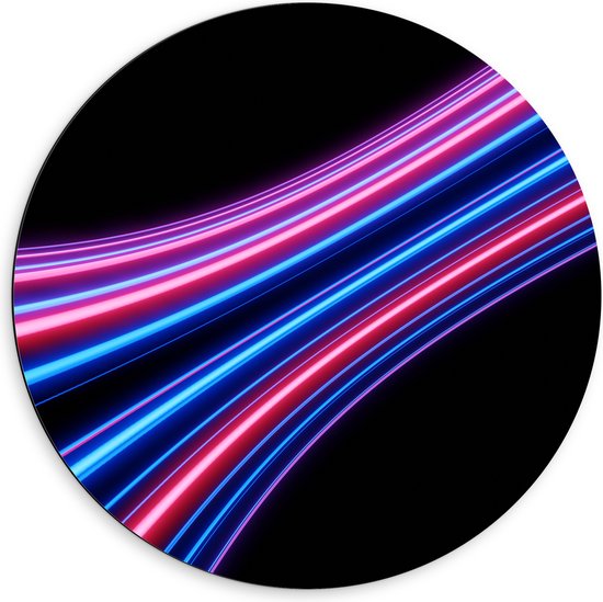 Dibond Muurcirkel - Cirkelvormige Roze, Paarse en Blauwe Neon Strepen - 60x60 cm Foto op Aluminium Muurcirkel (met ophangsysteem)