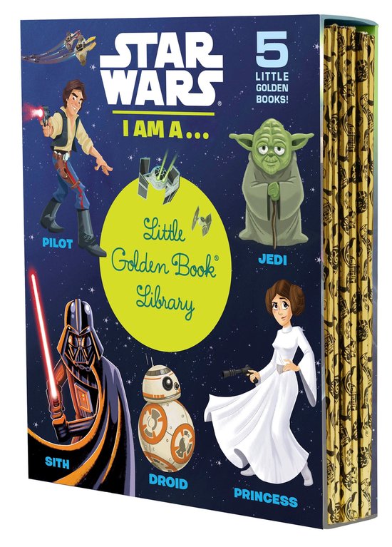 Bibliothèque Little Golden Book Star Wars avec Han Solo en pilote, Yoda en Jedi, Dark Vador en Sith, BB-8 en droïde et Leia en princesse.