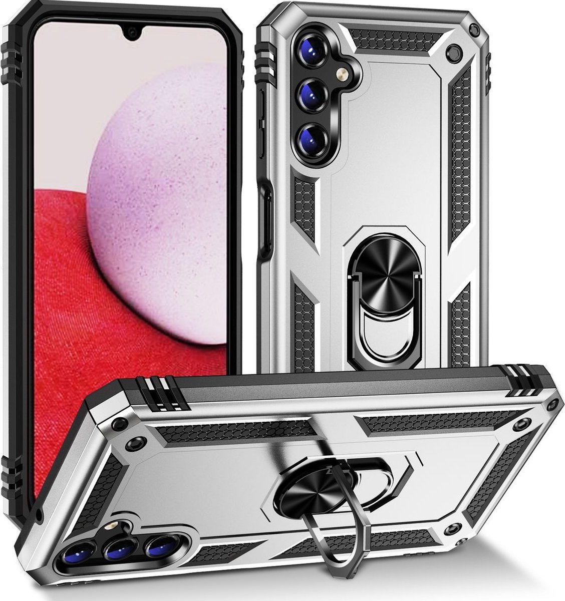 Mobigear Hoesje geschikt voor Samsung Galaxy A14 Telefoonhoesje Hardcase | Mobigear Armor Ring Backcover Shockproof met Ringhouder | Schokbestendig Galaxy A14 Telefoonhoesje | Anti Shock Proof - Zilver