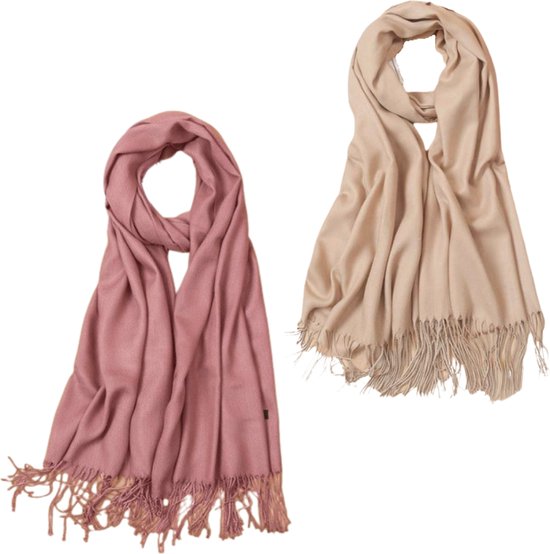 2x Sjaal dames - Beige en roze - Set van 2