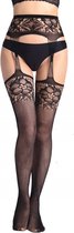 Sexy luxe zwarte jarretelgordel panty met bloem motief - Luxe panty - jarretel kousen- Cadeau voor Vrouw- Erotische kousen