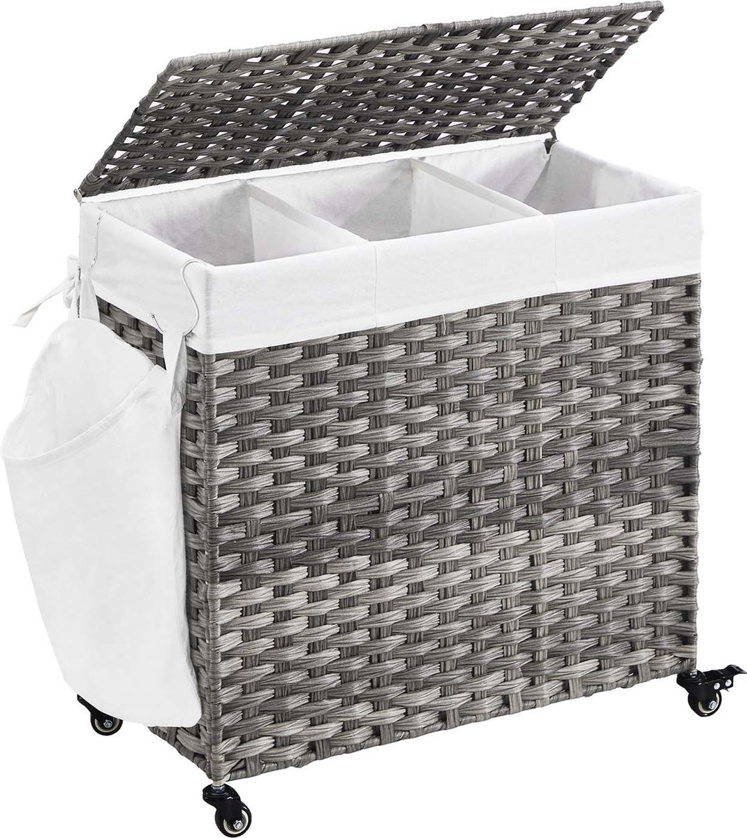 Goedkoopste Hoppa! Wasmand, handgeweven, wasverzamelaar, 140 L, gemaakt van polyrattan, met 3 compartimenten, uitneembare zak, deksel, handvaten, voor woonkamer, badkamer, 66 x 33 x 60 cm, grijs