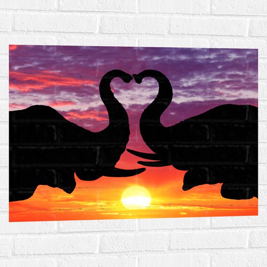 Muursticker - Silhouet van Koppel Olifanten met Hartvormige Slurfen - 80x60 cm Foto op Muursticker