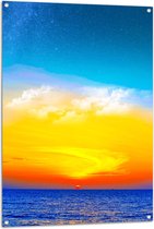 WallClassics - Tuinposter – Zon verdwijnend achter de Zee met Felkleurige Lucht - 80x120 cm Foto op Tuinposter (wanddecoratie voor buiten en binnen)